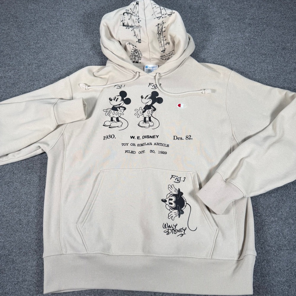 Champion Reverse Weave Disney Mickey Mouse Patent Sketch Hoodie Cream Large 4896